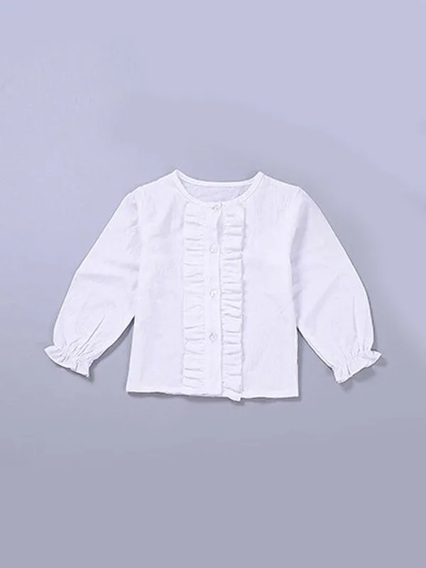 2-Piece Casual Outfit Ruffled White Shirt   Buttoned Green Skirt