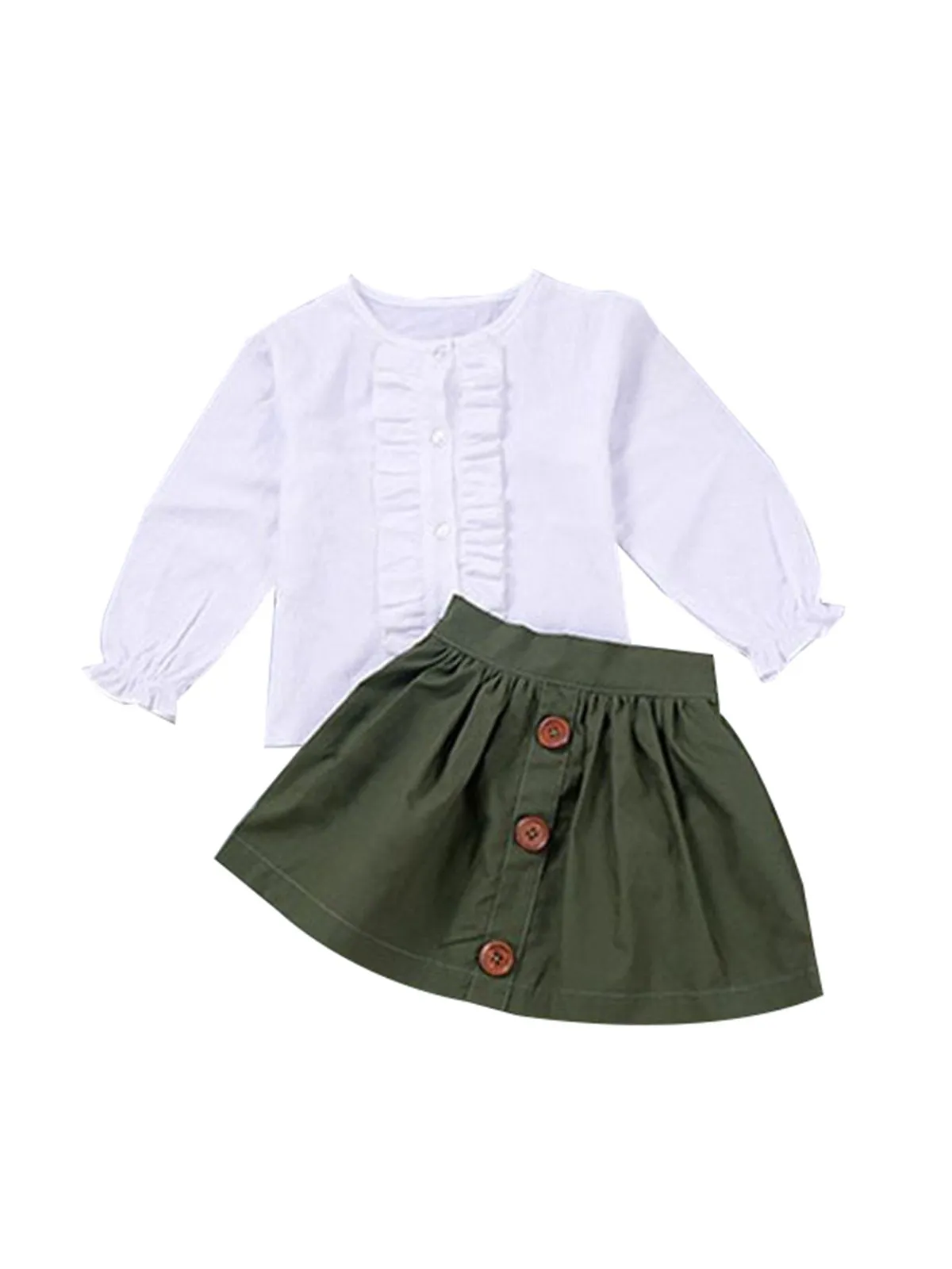 2-Piece Casual Outfit Ruffled White Shirt   Buttoned Green Skirt