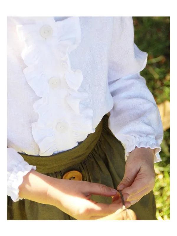 2-Piece Casual Outfit Ruffled White Shirt   Buttoned Green Skirt