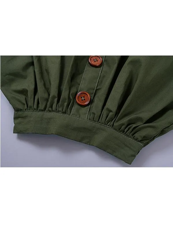 2-Piece Casual Outfit Ruffled White Shirt   Buttoned Green Skirt