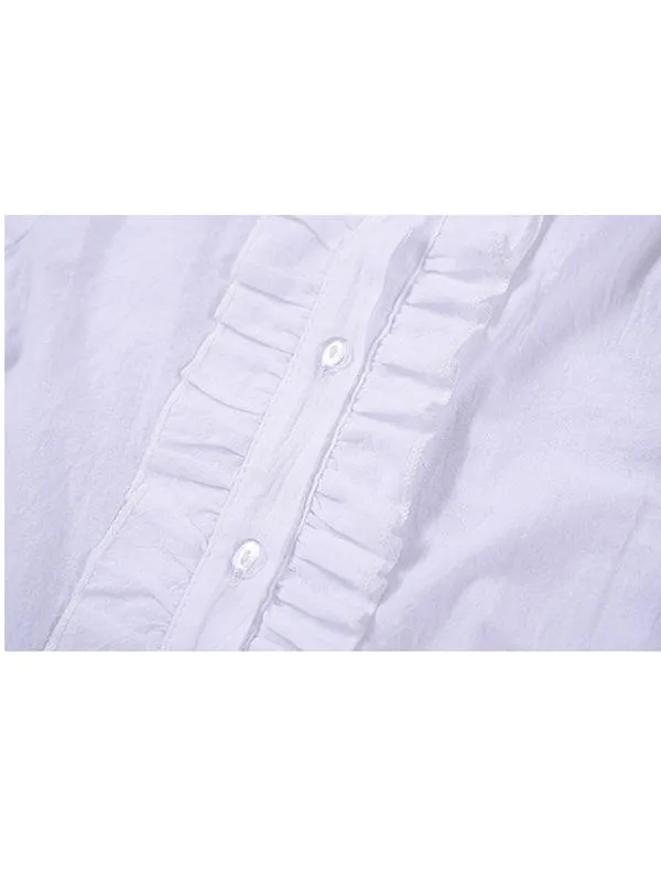 2-Piece Casual Outfit Ruffled White Shirt   Buttoned Green Skirt
