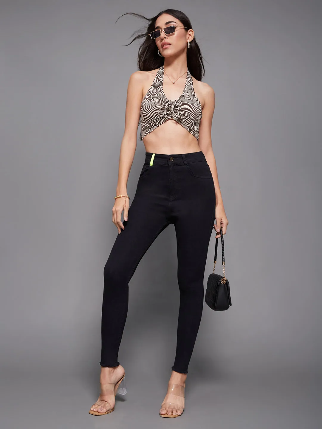 24/7 comfort Women's Black Cotton Skinny Fit Cropped High Rise Stretchable Denim Jeans