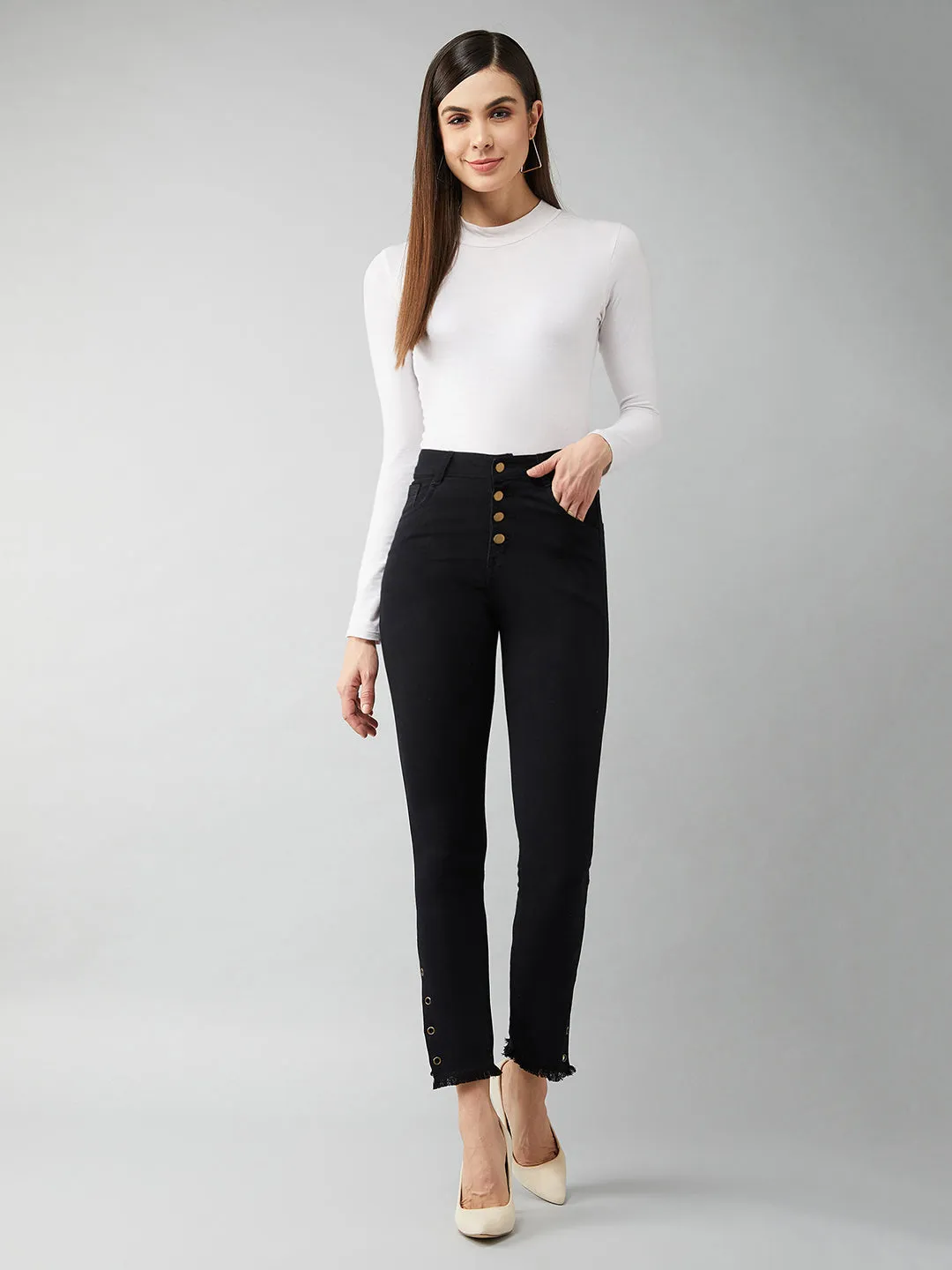 24/7 comfort Women's Black Skinny Fit Relaxed High Rise Regular Length Denim Stretchable Jeans