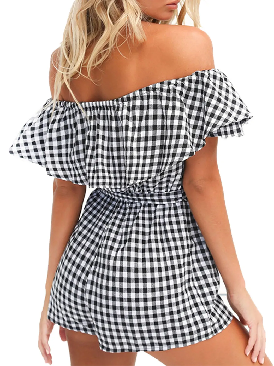 Anna-Kaci Womens Off Shoulder Short Rompers Ruffle Hem Drawstring Waist Plaid Short Jumpsuit