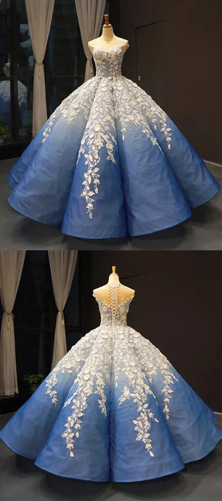 Ball Gown Prom Dresses Luxury Cap Sleeve Floral Lace Long Royal Blue Ombre Prom Dress JKL1643