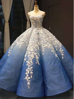 Ball Gown Prom Dresses Luxury Cap Sleeve Floral Lace Long Royal Blue Ombre Prom Dress JKL1643