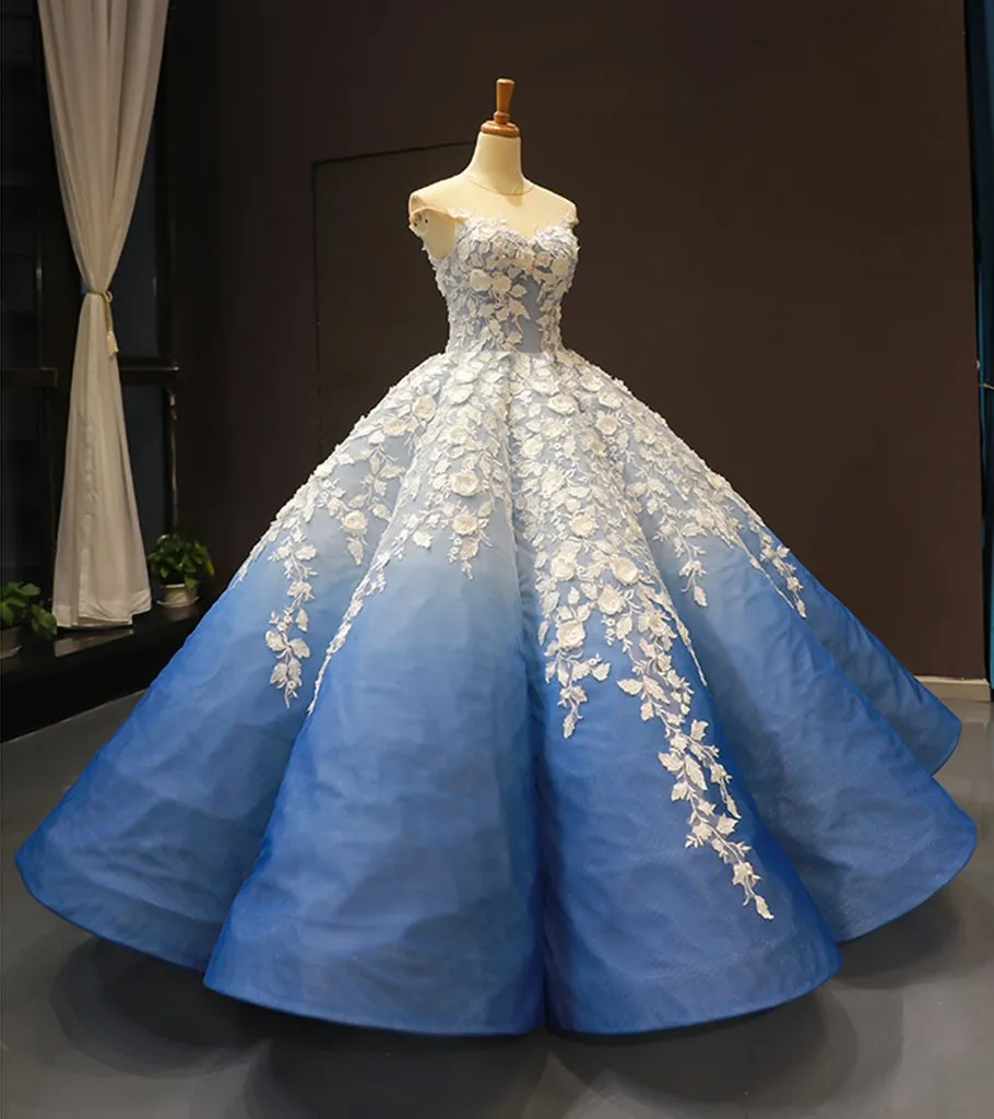 Ball Gown Prom Dresses Luxury Cap Sleeve Floral Lace Long Royal Blue Ombre Prom Dress JKL1643