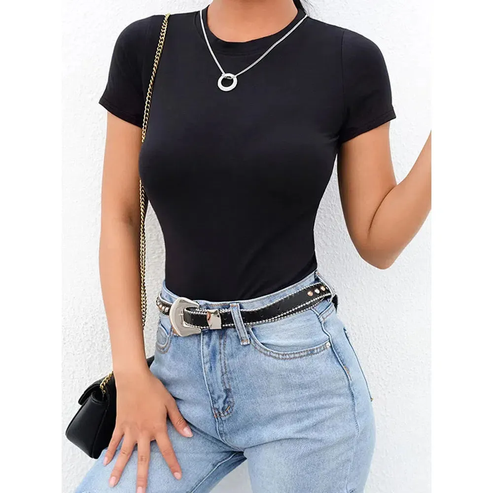 Casual Basic Black White Bodysuit Women Summer Short Sleeve