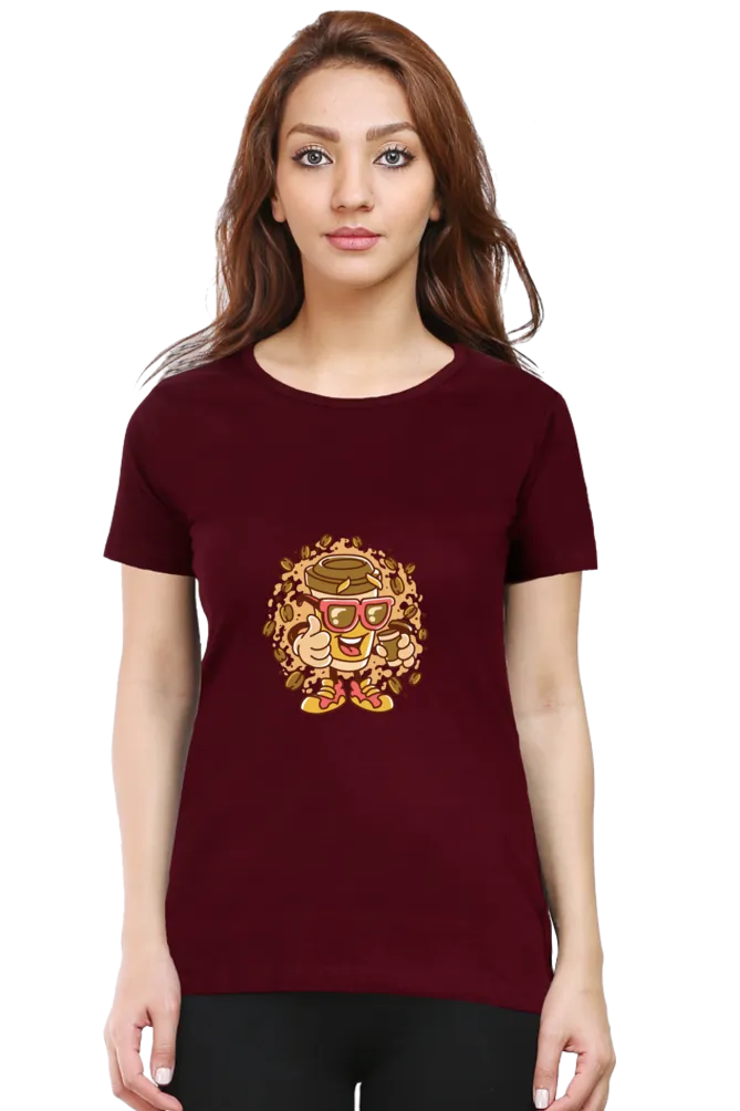 Cup With Coffee Beans Printed Scoop Neck T-shirt for women