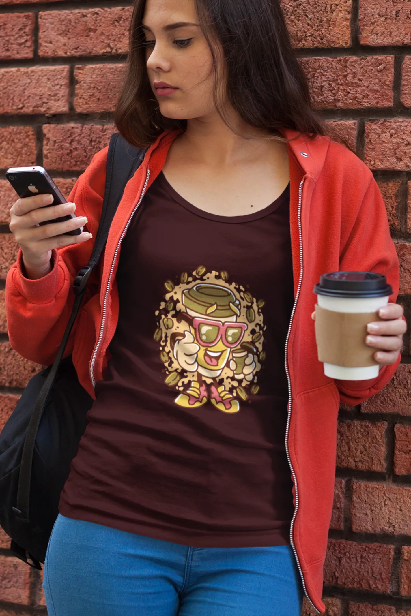Cup With Coffee Beans Printed Scoop Neck T-shirt for women