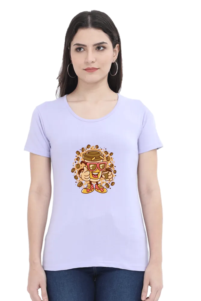 Cup With Coffee Beans Printed Scoop Neck T-shirt for women