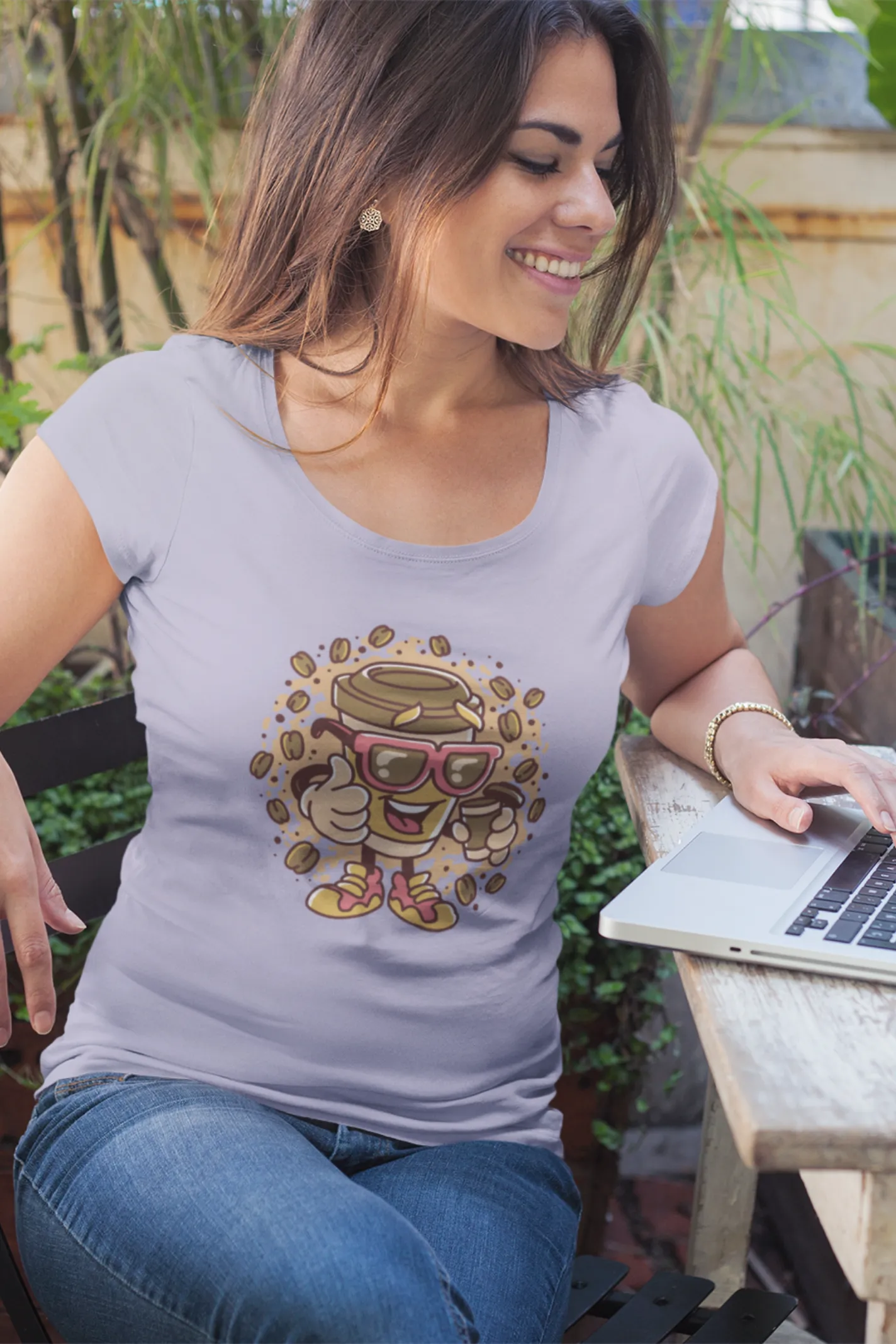 Cup With Coffee Beans Printed Scoop Neck T-shirt for women