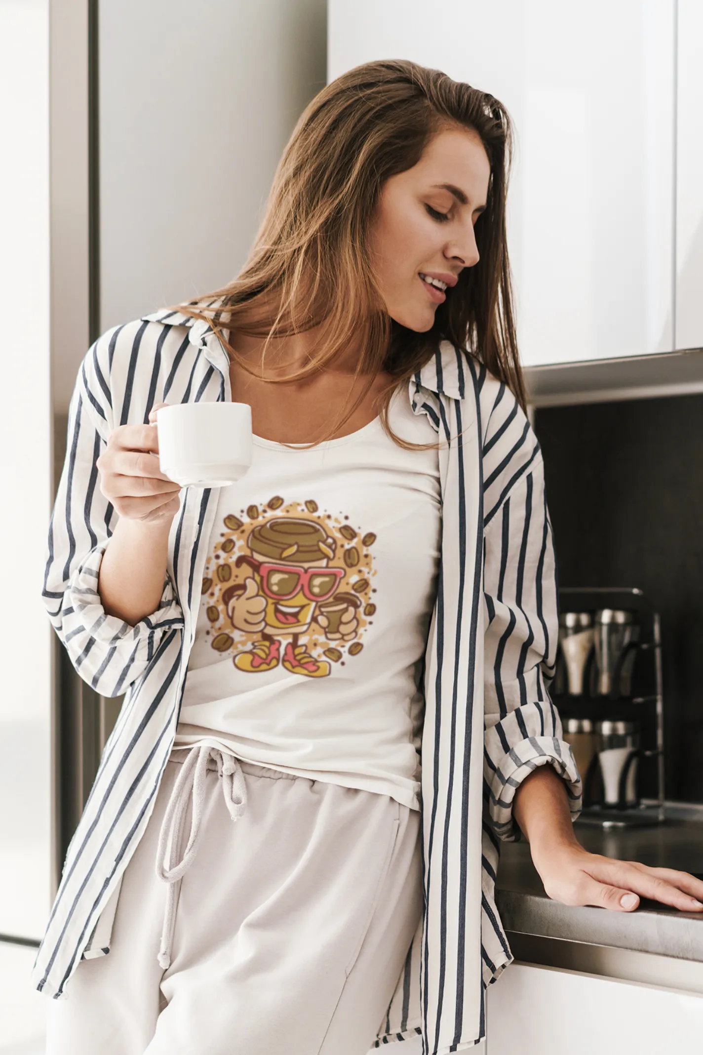 Cup With Coffee Beans Printed Scoop Neck T-shirt for women