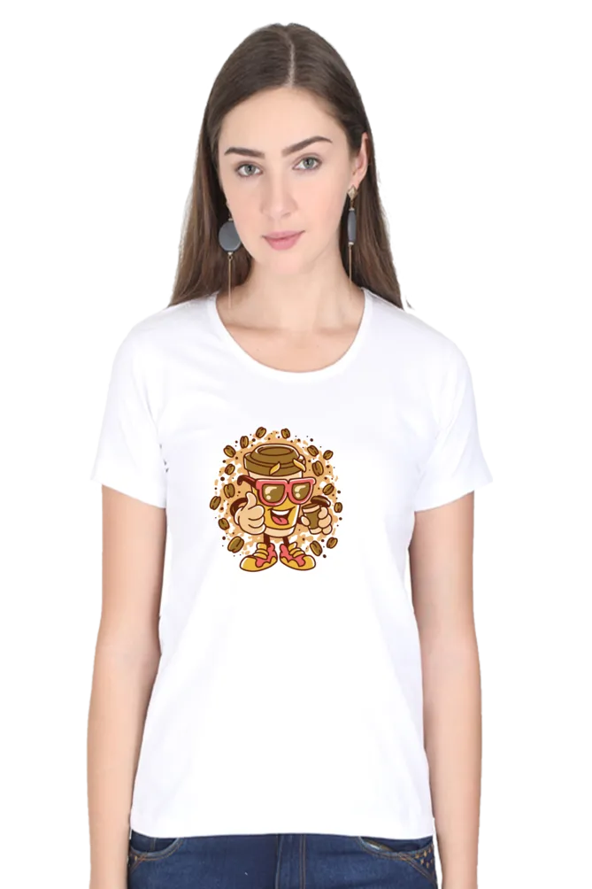 Cup With Coffee Beans Printed Scoop Neck T-shirt for women