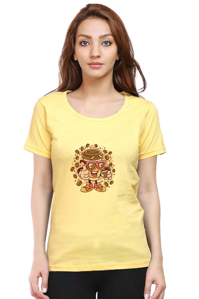 Cup With Coffee Beans Printed Scoop Neck T-shirt for women
