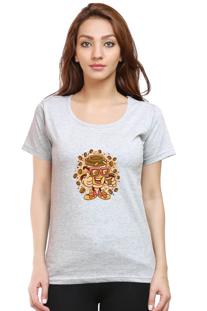 Cup With Coffee Beans Printed Scoop Neck T-shirt for women
