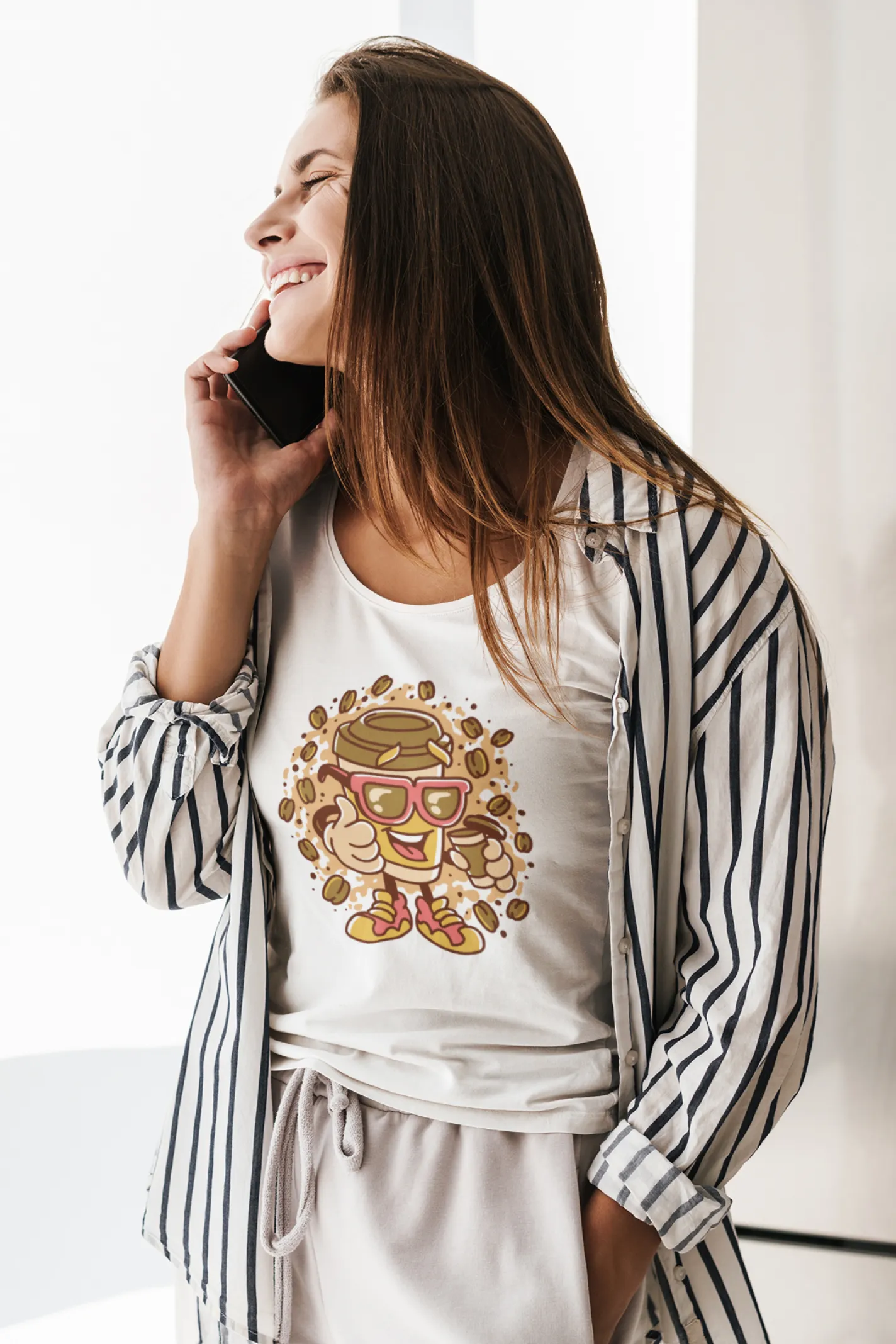Cup With Coffee Beans Printed Scoop Neck T-shirt for women