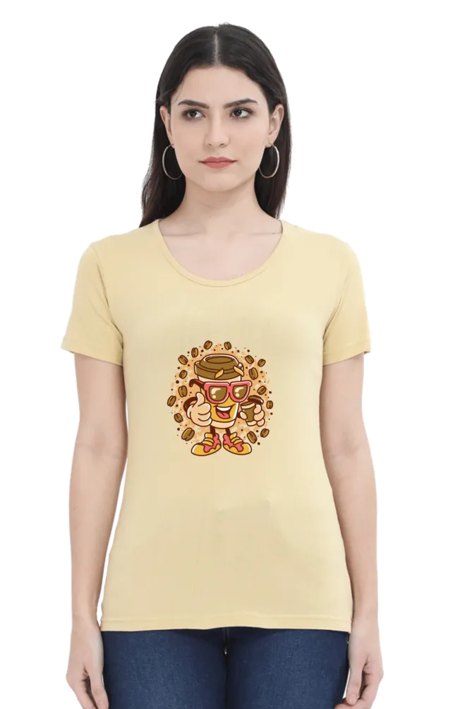 Cup With Coffee Beans Printed Scoop Neck T-shirt for women