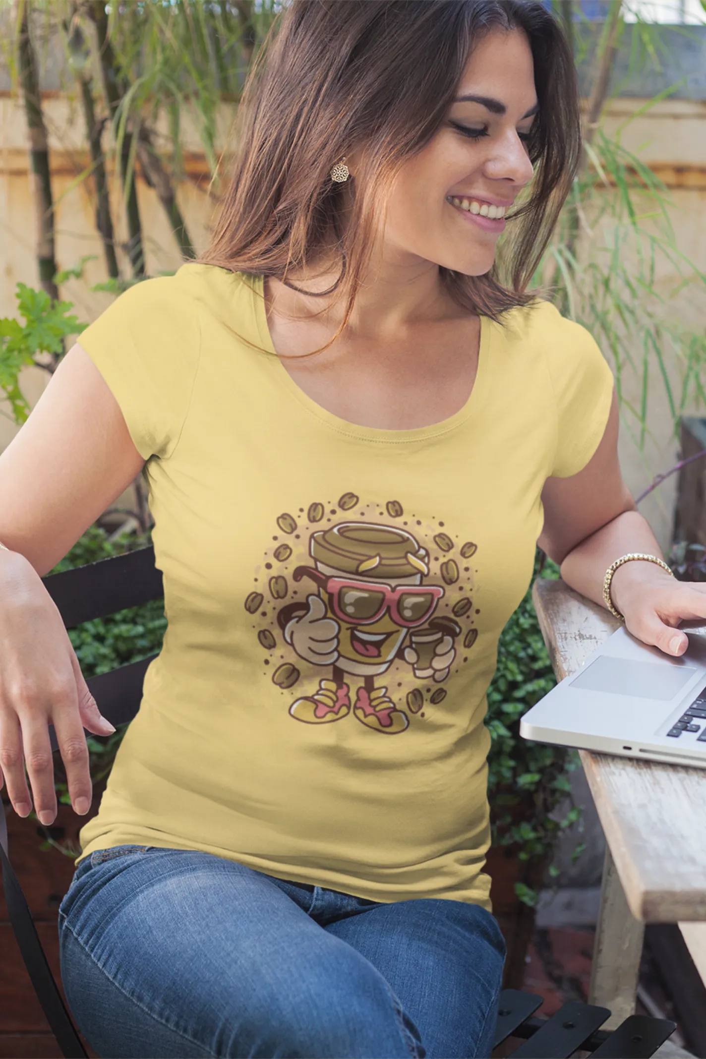 Cup With Coffee Beans Printed Scoop Neck T-shirt for women