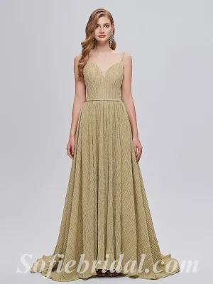 Elegant Special Fabric Spaghetti Straps V-Neck A-Line Long Prom Dresses,SFPD0351
