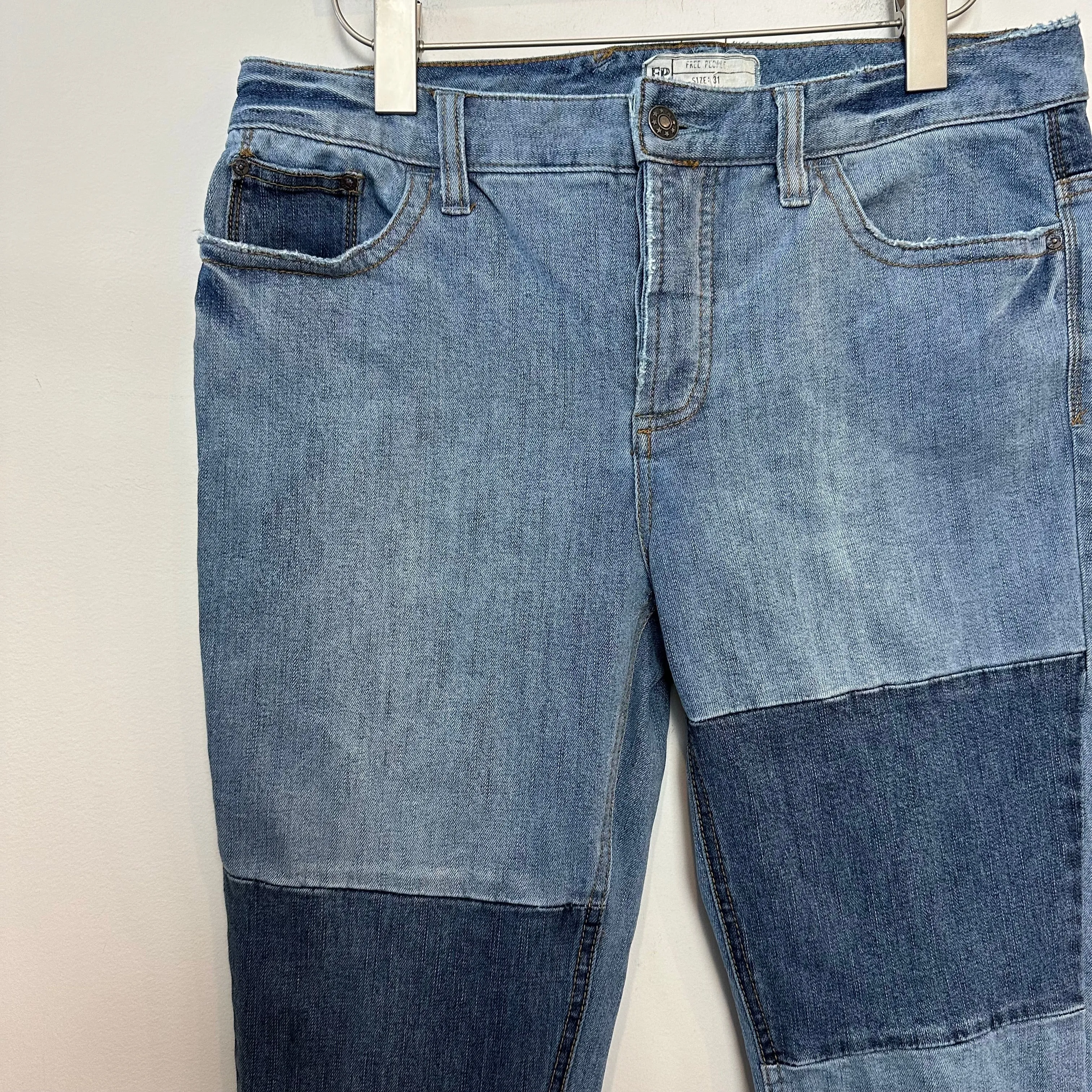 Free People Jax Patched and Relaxed Skinny Camp Jeans Denim Patchwork 31