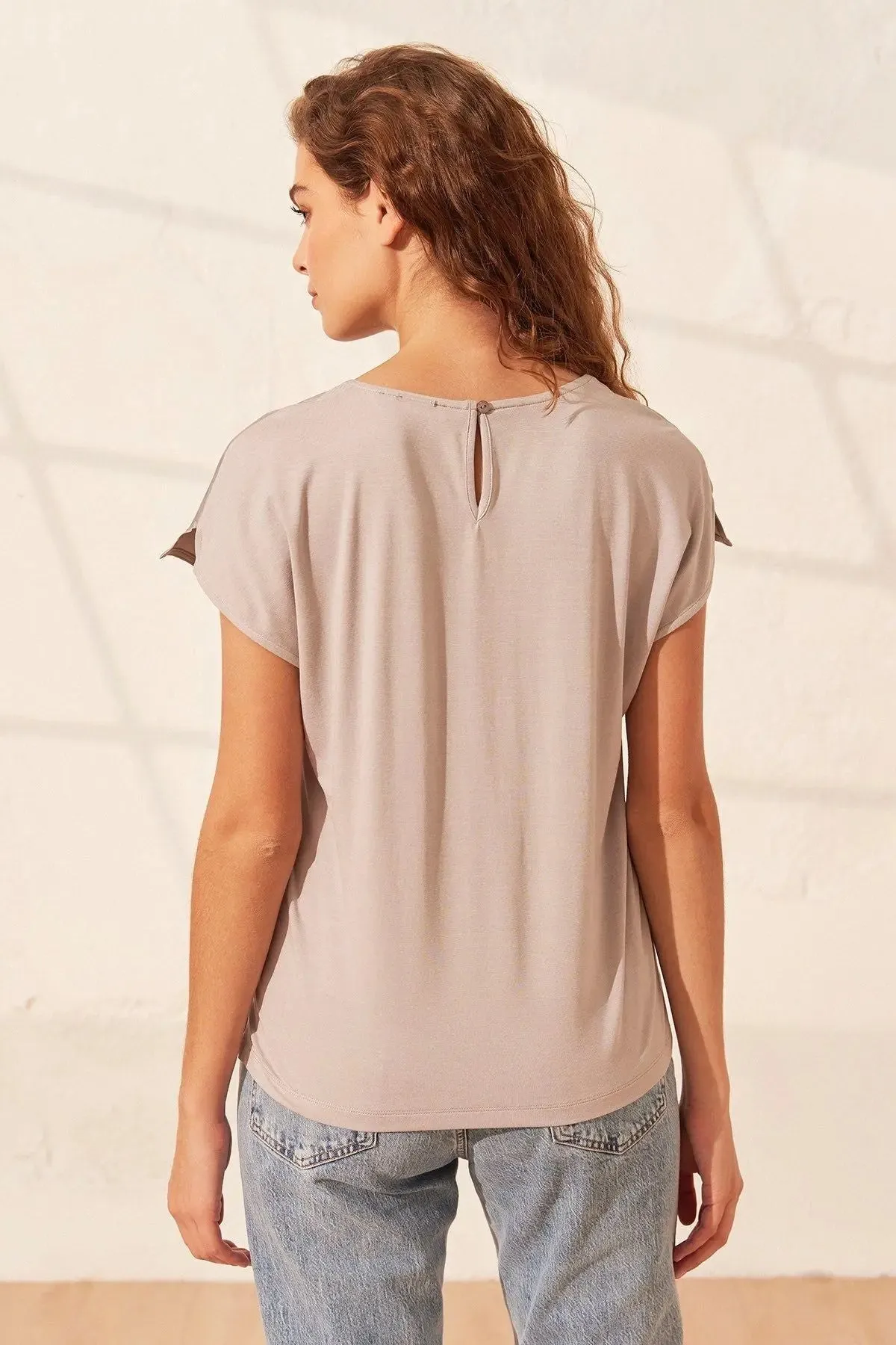 Gray Silk Monica Round Neck Short Sleeve Women's Blouse