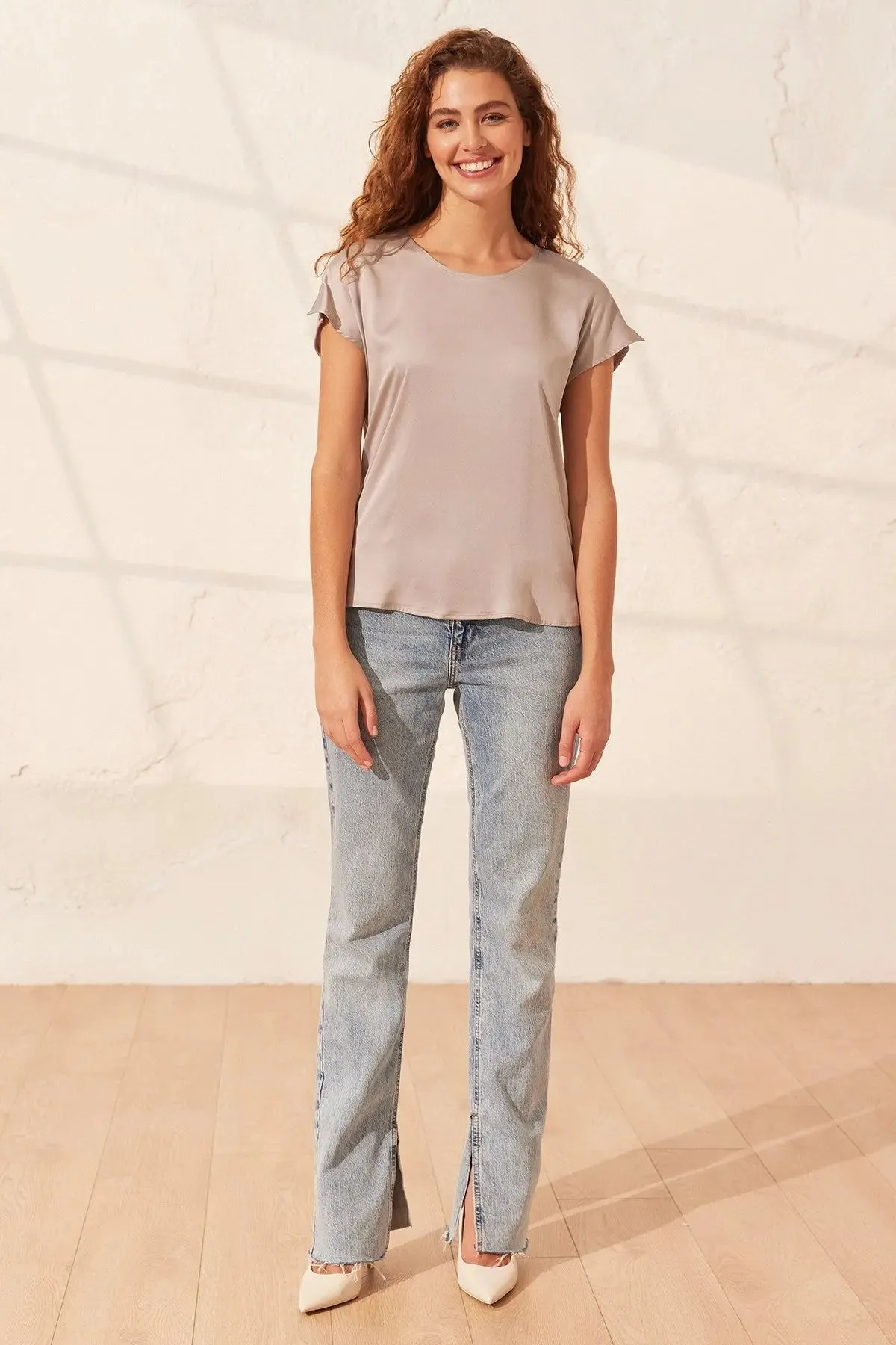 Gray Silk Monica Round Neck Short Sleeve Women's Blouse