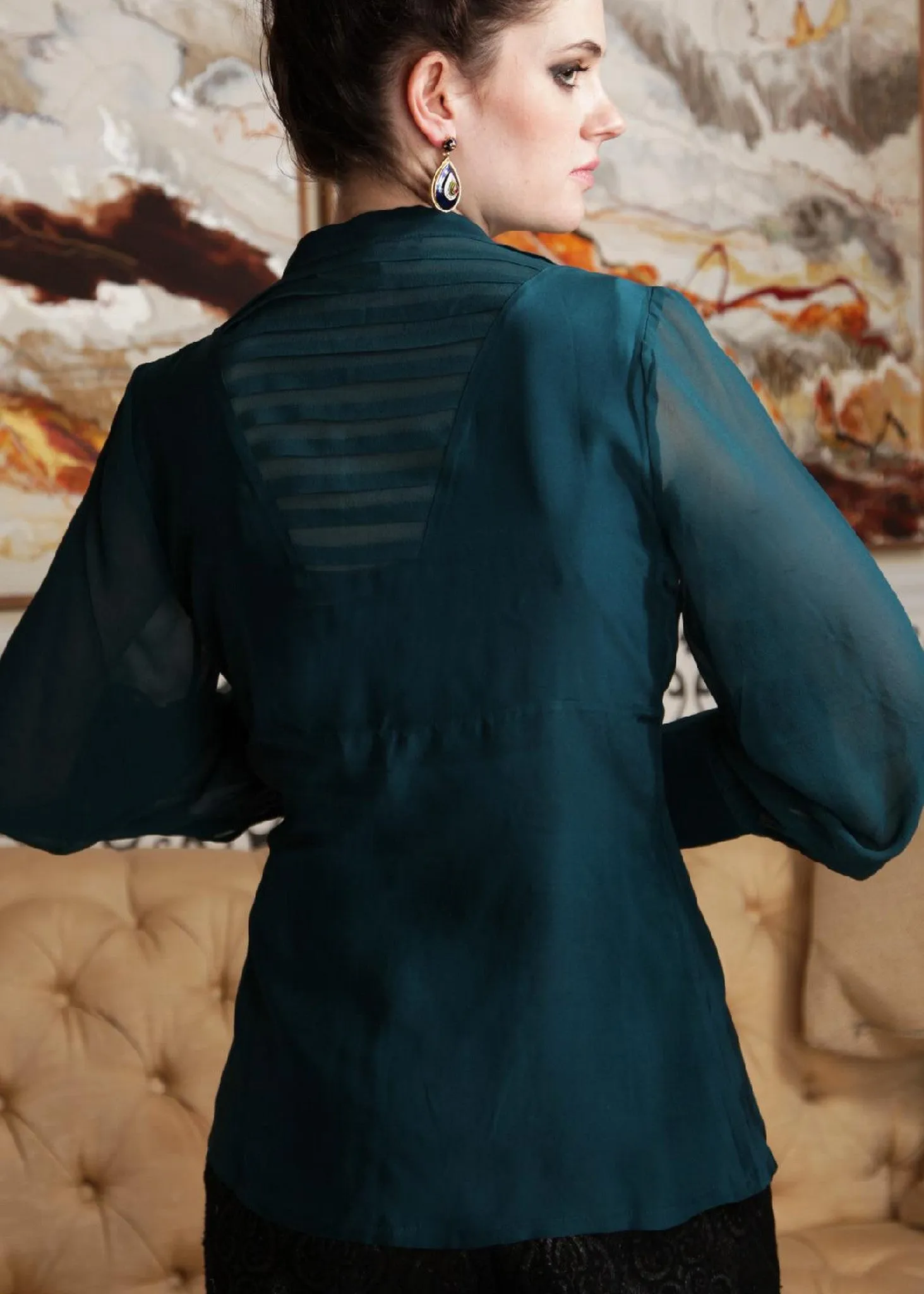 Jen – Silk pleated sheer panel button down shirt