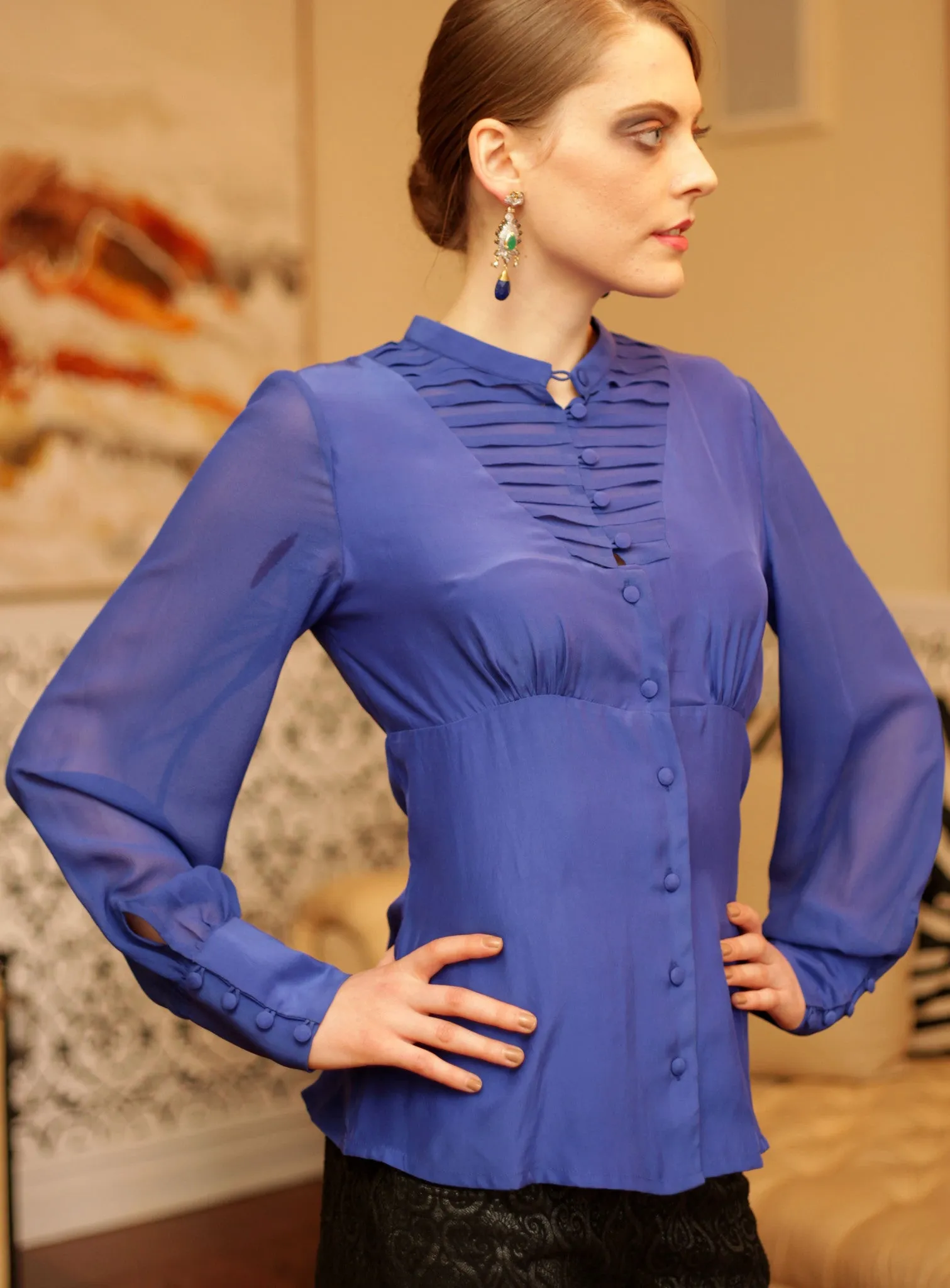 Jen – Silk pleated sheer panel button down shirt