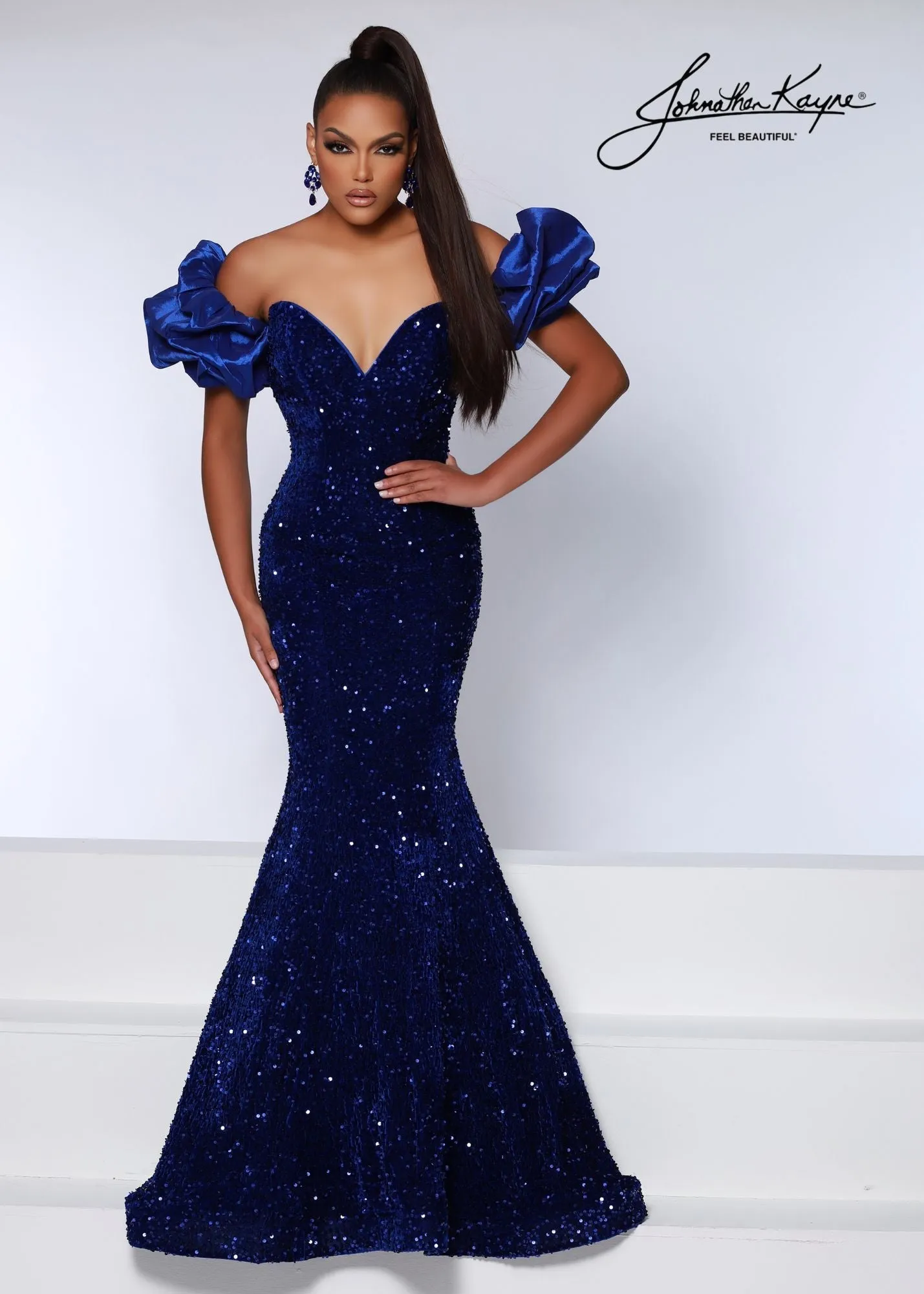 Johnathan Kayne 2641 Size 6 Ruby Long Velvet Sequin Mermaid Prom Dress Puff Sleeve Pageant Gown