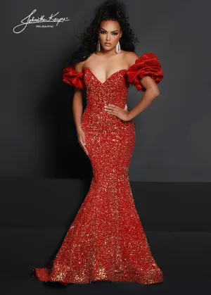 Johnathan Kayne 2641 Size 6 Ruby Long Velvet Sequin Mermaid Prom Dress Puff Sleeve Pageant Gown