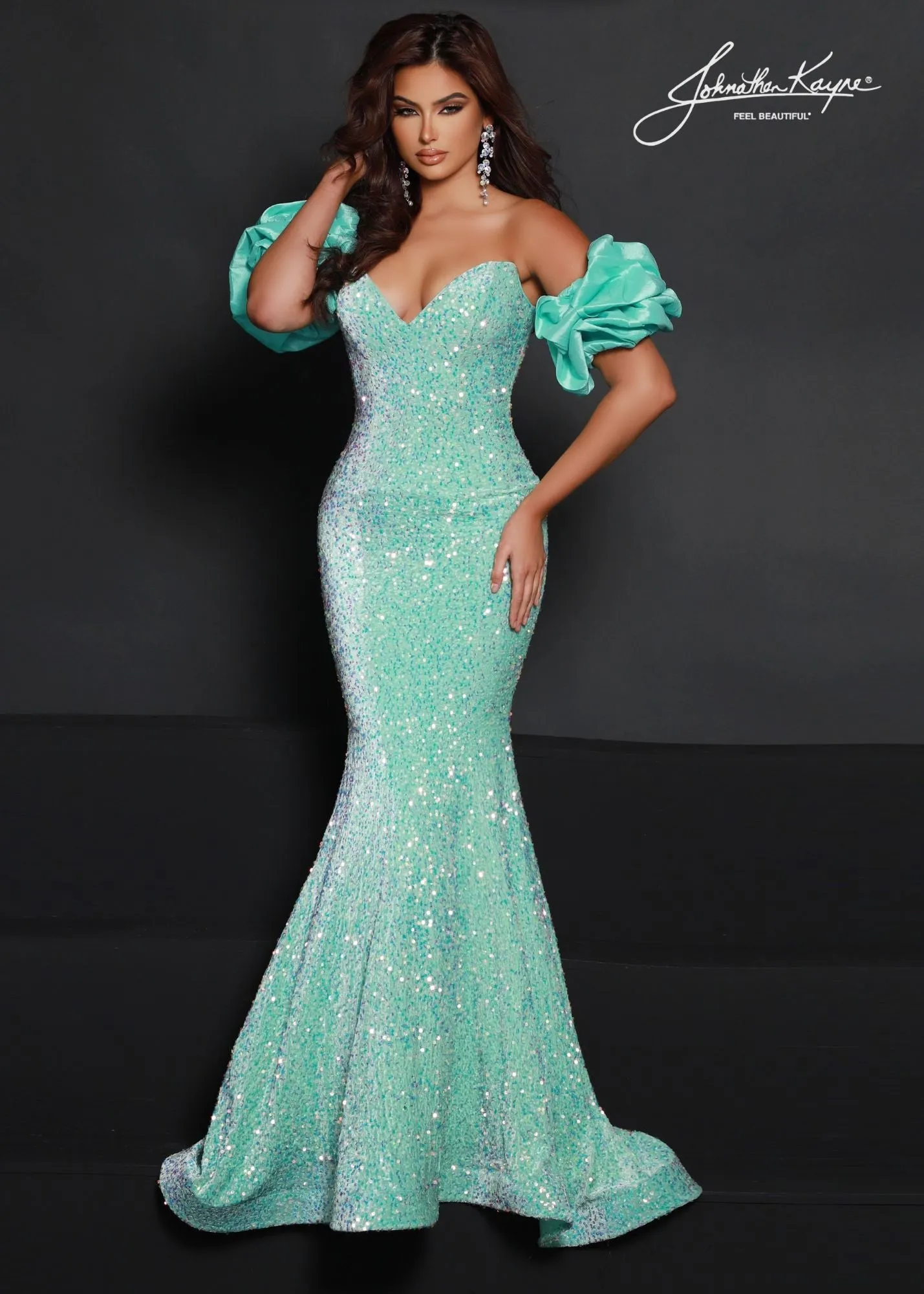 Johnathan Kayne 2641 Size 6 Ruby Long Velvet Sequin Mermaid Prom Dress Puff Sleeve Pageant Gown