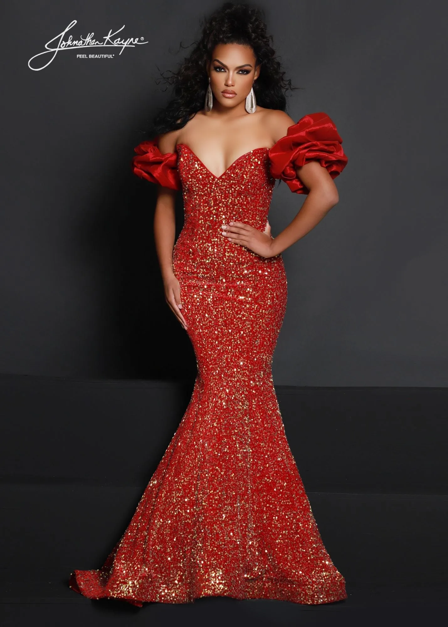 Johnathan Kayne 2641 Size 6 Ruby Long Velvet Sequin Mermaid Prom Dress Puff Sleeve Pageant Gown