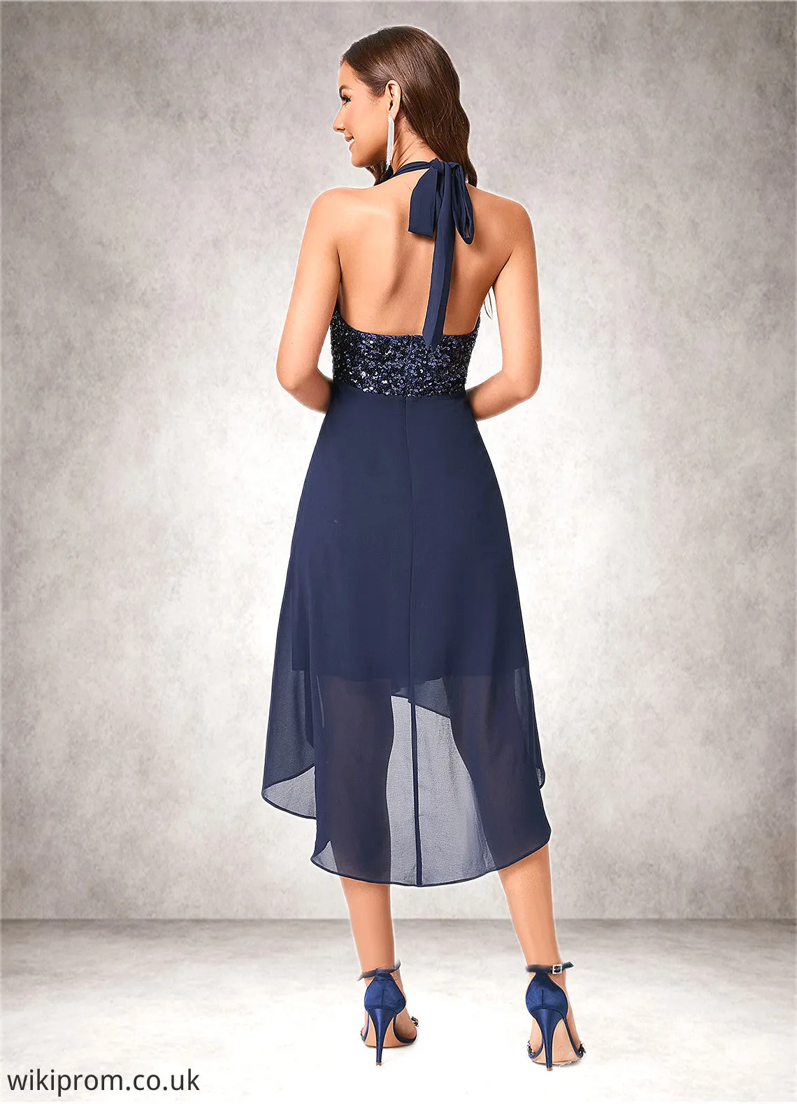 Karma A-line Halter Asymmetrical Chiffon Sequin Cocktail Dress With Sequins SWKP0022299
