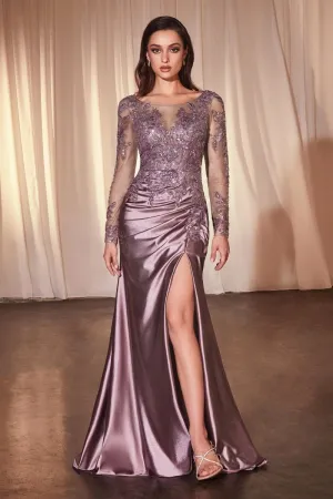 LACE LONG SLEEVE SATIN FITTED GOWN CDCDS505