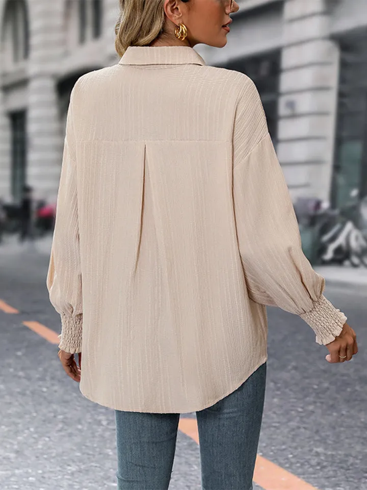 Long Sleeve Collared Button-Up Blouse