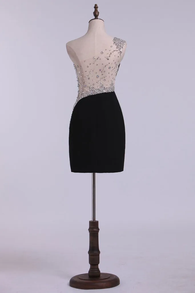 Luolandi Sexy Homecoming Dresses Sheath Short/Mini One Shoulder Beaded With Elegant Sheer Back Sparkly