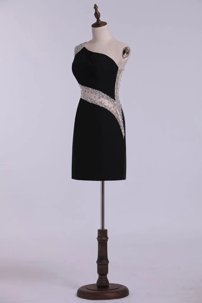Luolandi Sexy Homecoming Dresses Sheath Short/Mini One Shoulder Beaded With Elegant Sheer Back Sparkly