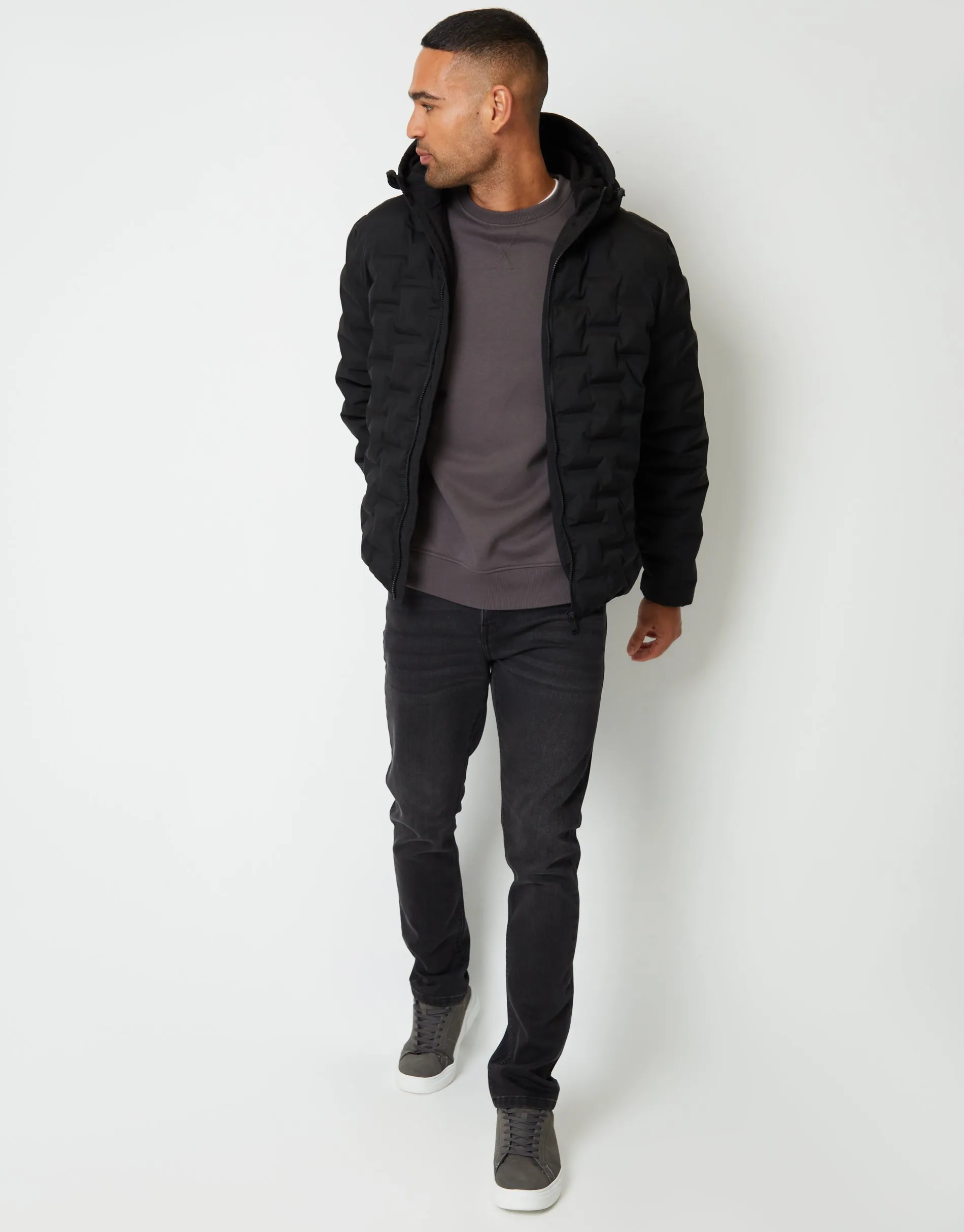 Men's Black Showerproof Quilted Hooded Puffer Jacket