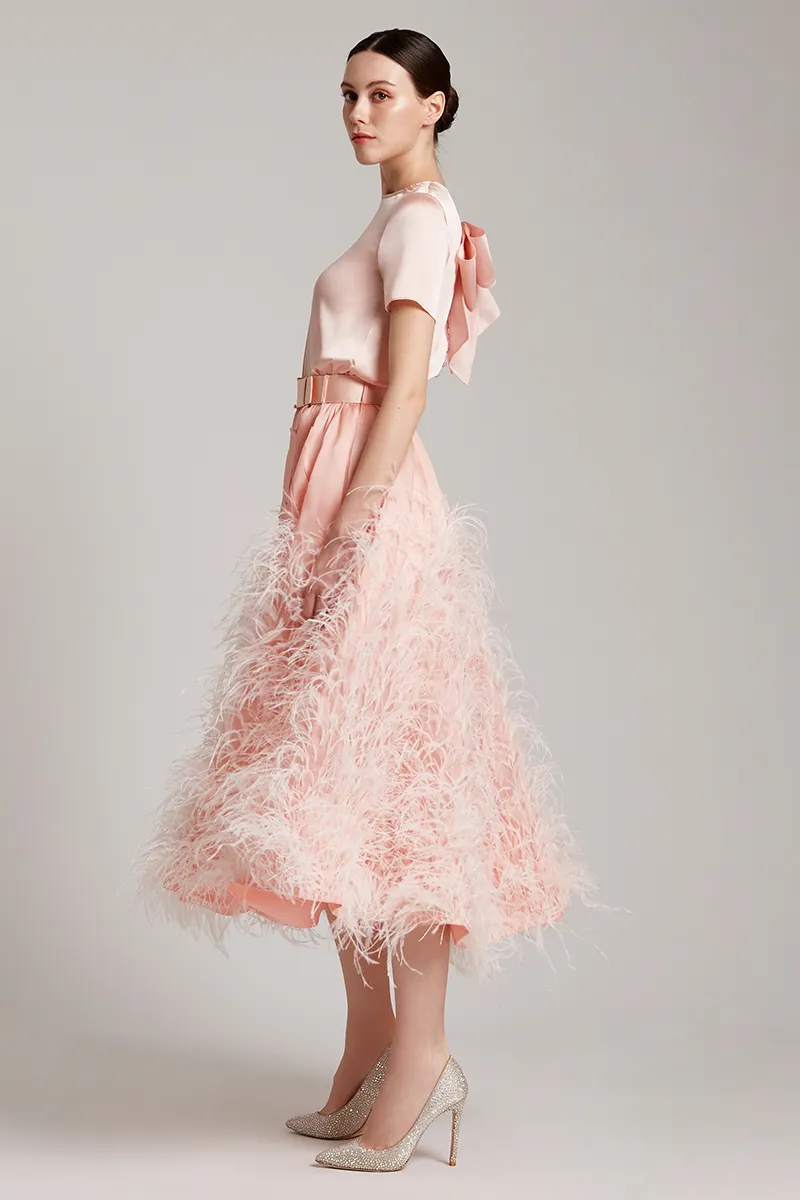 Multiway Silk Satin Short Sleeve Blouse with Bow in Blush Pink