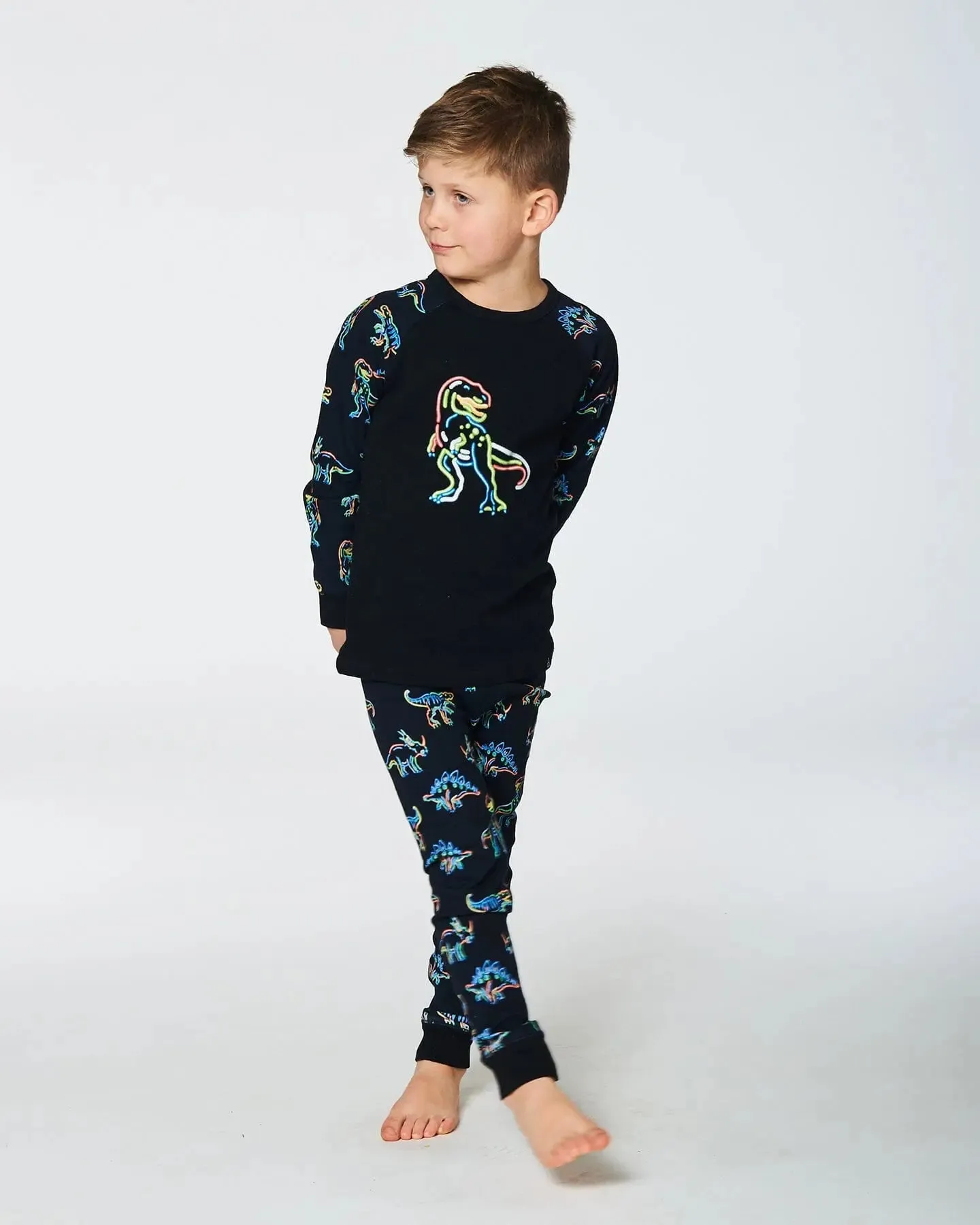 Organic Cotton Two Piece Pajama Set Black Printed Neon Dino