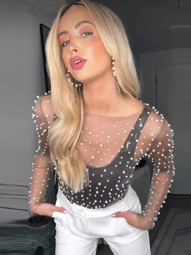 Pearl Mesh See Through T-shirt Long Sleeve Pullover Summer U Neck Tee Shirt Tops Blouse