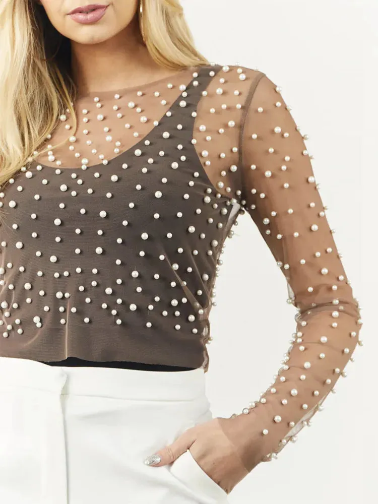 Pearl Mesh See Through T-shirt Long Sleeve Pullover Summer U Neck Tee Shirt Tops Blouse