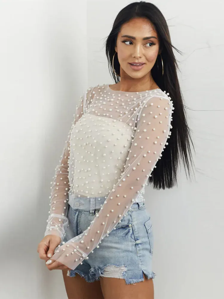 Pearl Mesh See Through T-shirt Long Sleeve Pullover Summer U Neck Tee Shirt Tops Blouse