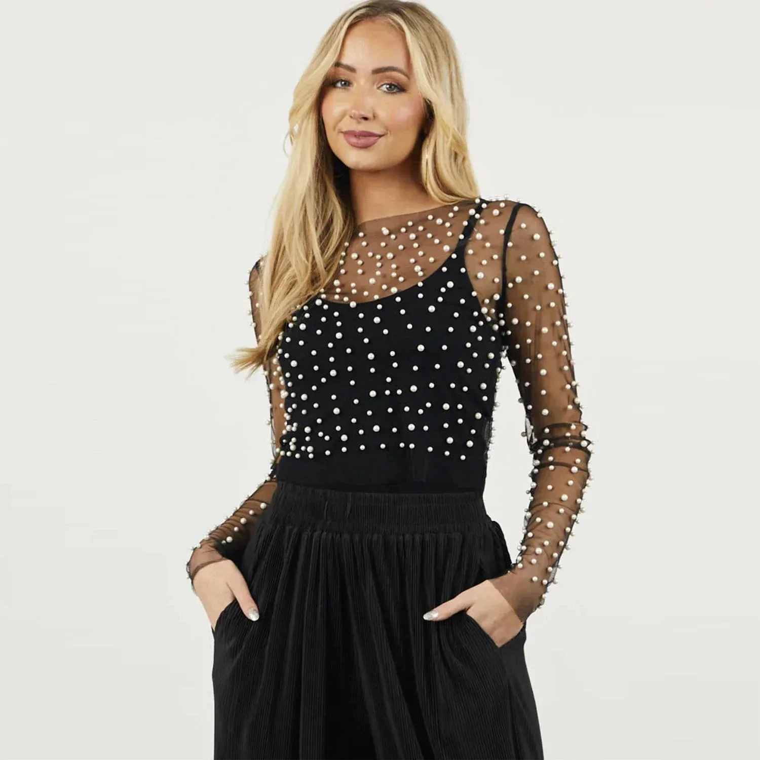 Pearl Mesh See Through T-shirt Long Sleeve Pullover Summer U Neck Tee Shirt Tops Blouse
