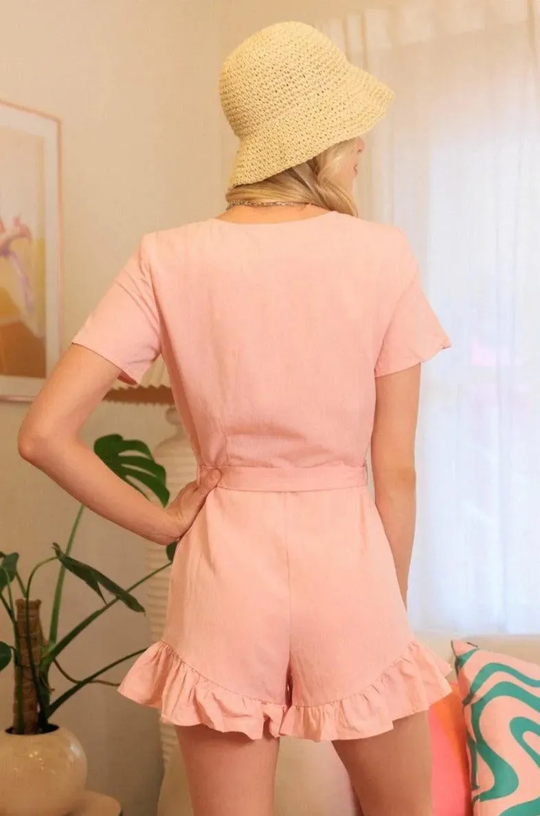 Pink Linen Button Up Ruffle Hem Belted Romper