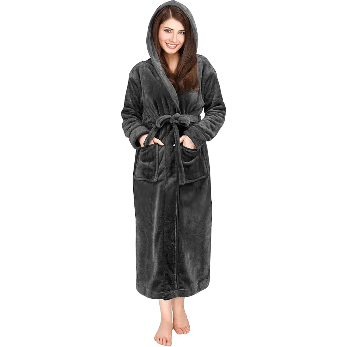 Plush Fleece Hooded Flannel Robe With Pockets