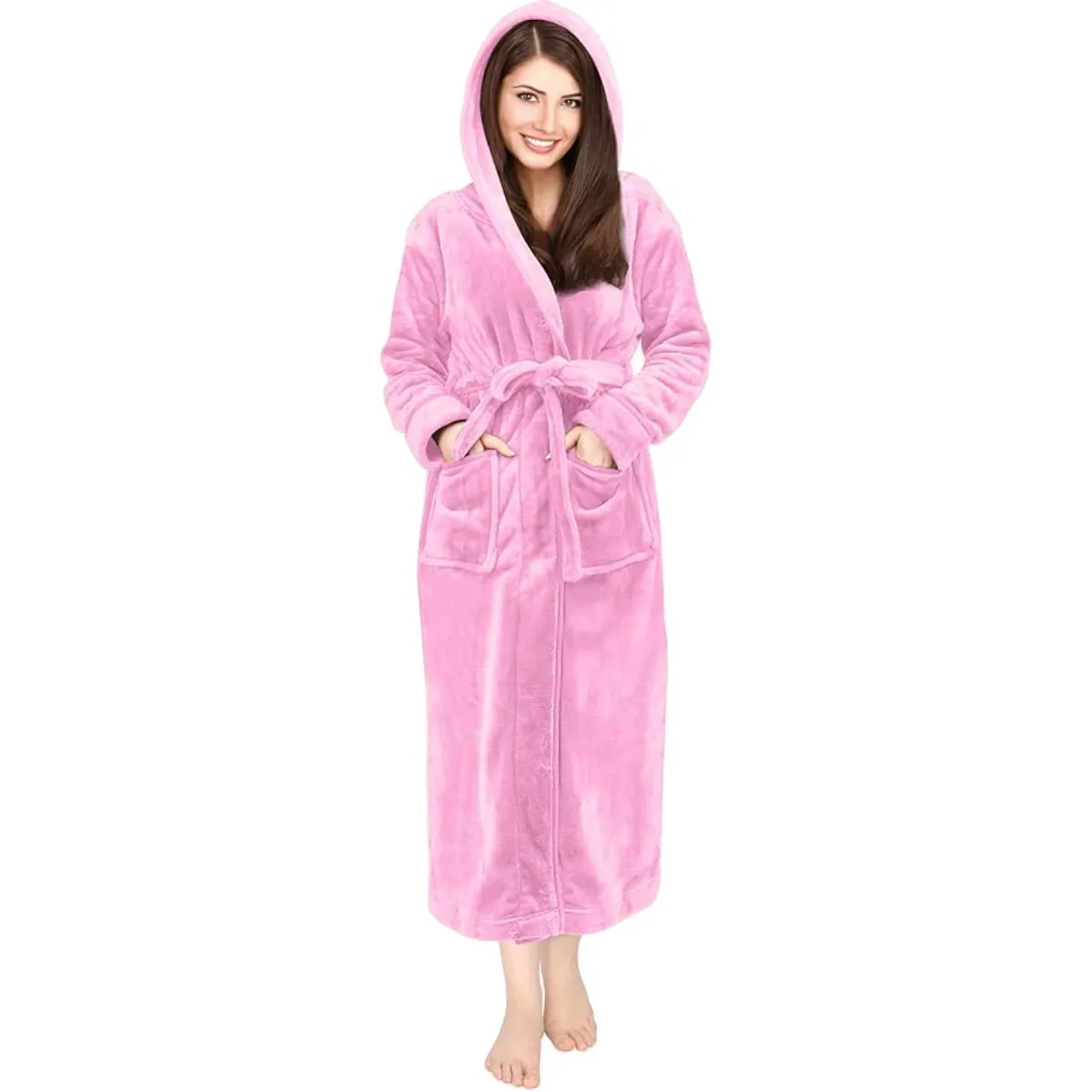 Plush Fleece Hooded Flannel Robe With Pockets