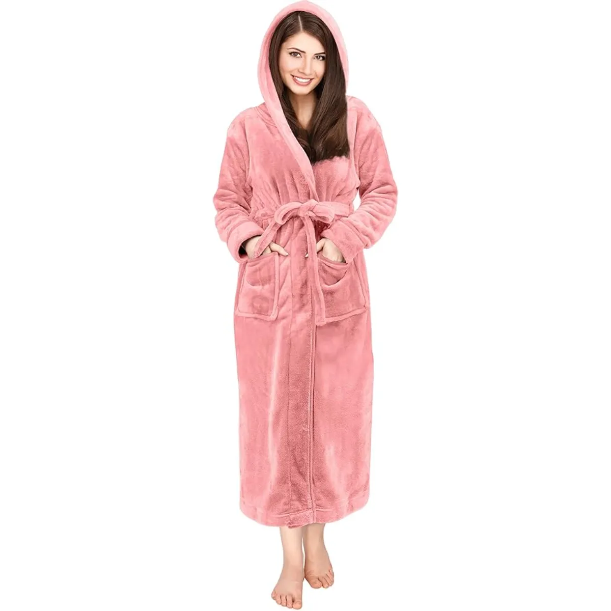 Plush Fleece Hooded Flannel Robe With Pockets