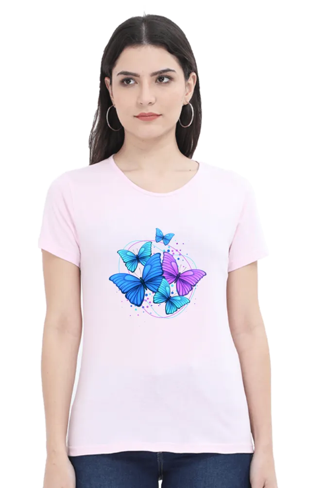 Purple Blue Modern Butterfly Printed Scoop Neck T-shirt for women